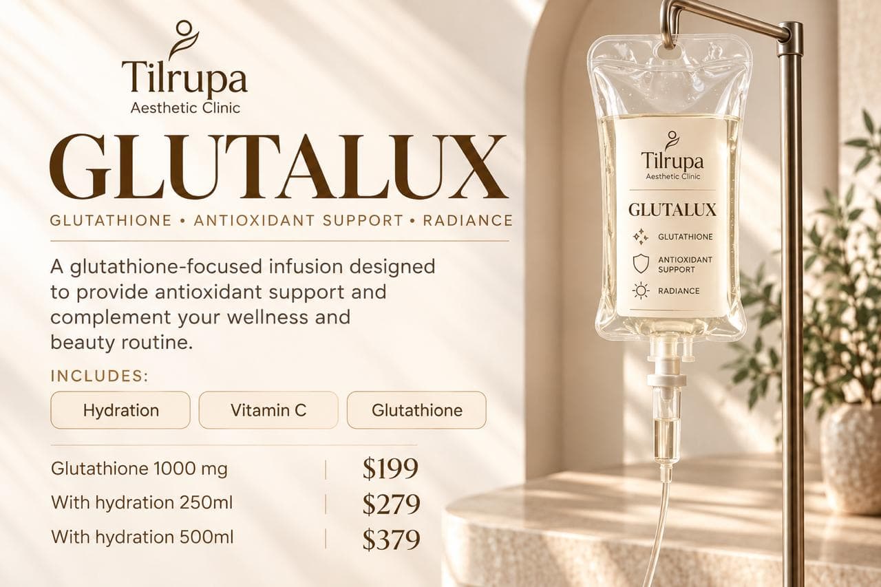 GLUTALUX — glutathione, antioxidant support, radiance. A glutathione-focused infusion designed to provide antioxidant support and complement your wellness and beauty routine. Includes hydration, vitamin C and glutathione. Glutathione 1000 mg $199, with hydration 250ml $279, with hydration 500ml $379.