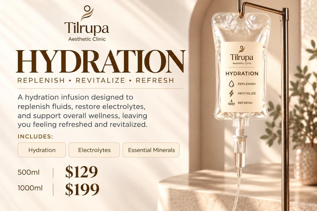 Hydration — replenish, revitalize, refresh. A hydration infusion designed to replenish fluids, restore electrolytes, and support overall wellness. Includes hydration, electrolytes and essential minerals. 500ml $129, 1000ml $199.