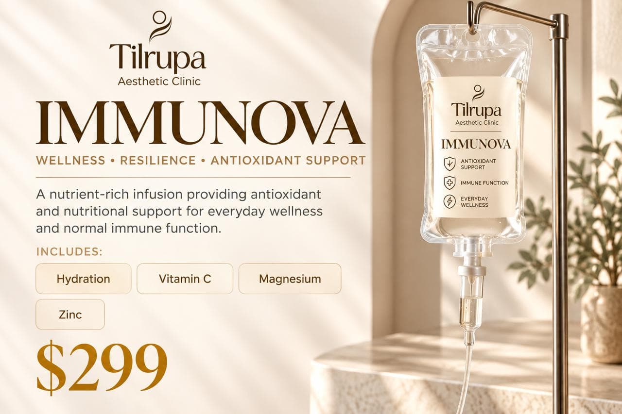 IMMUNOVA — wellness, resilience, antioxidant support. A nutrient-rich infusion providing antioxidant and nutritional support for everyday wellness and normal immune function. Includes hydration, vitamin C, magnesium and zinc. $299.