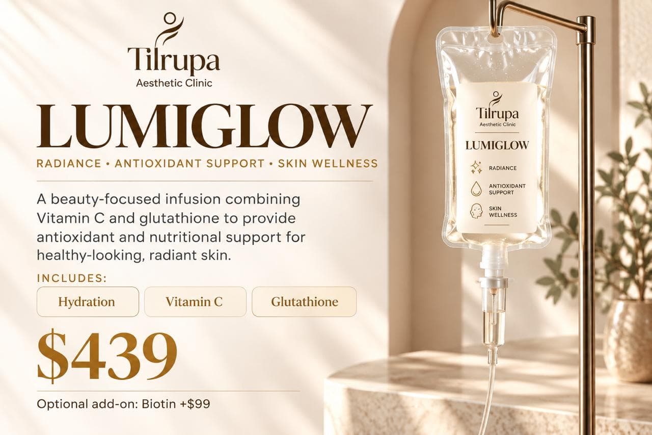 LUMIGLOW — radiance, antioxidant support, skin wellness. A beauty-focused infusion combining vitamin C and glutathione to provide antioxidant and nutritional support for healthy-looking, radiant skin. Includes hydration, vitamin C and glutathione. $439, with an optional biotin add-on for $99.