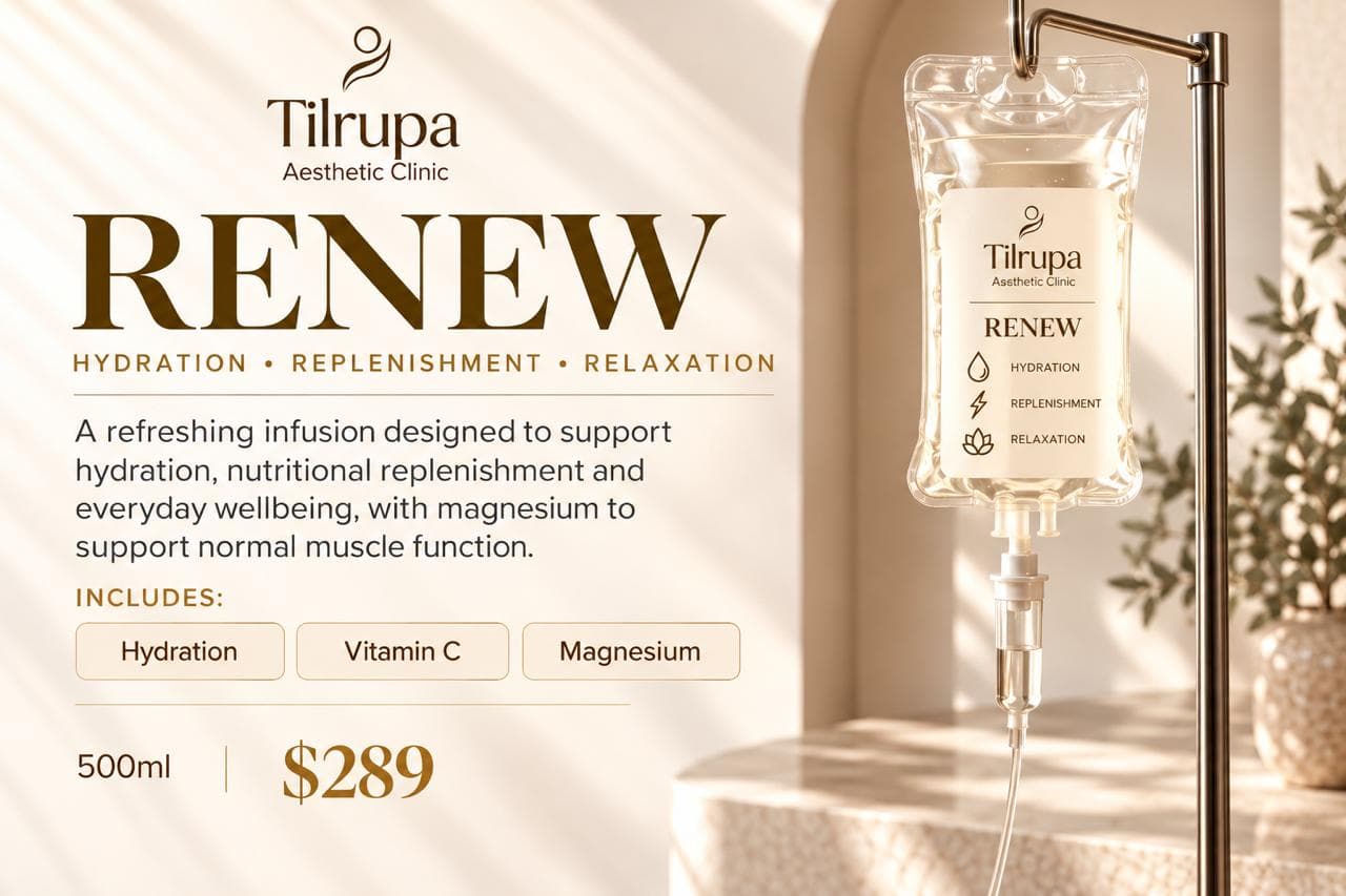 RENEW — hydration, replenishment, relaxation. A refreshing infusion designed to support hydration, nutritional replenishment and everyday wellbeing, with magnesium to support normal muscle function. Includes hydration, vitamin C and magnesium. 500ml $289.