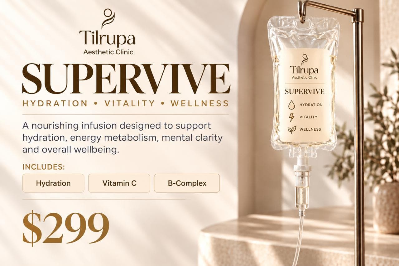 SUPERVIVE — hydration, vitality, wellness. A nourishing infusion designed to support hydration, energy metabolism, mental clarity and overall wellbeing. Includes hydration, vitamin C and B-complex. $299.