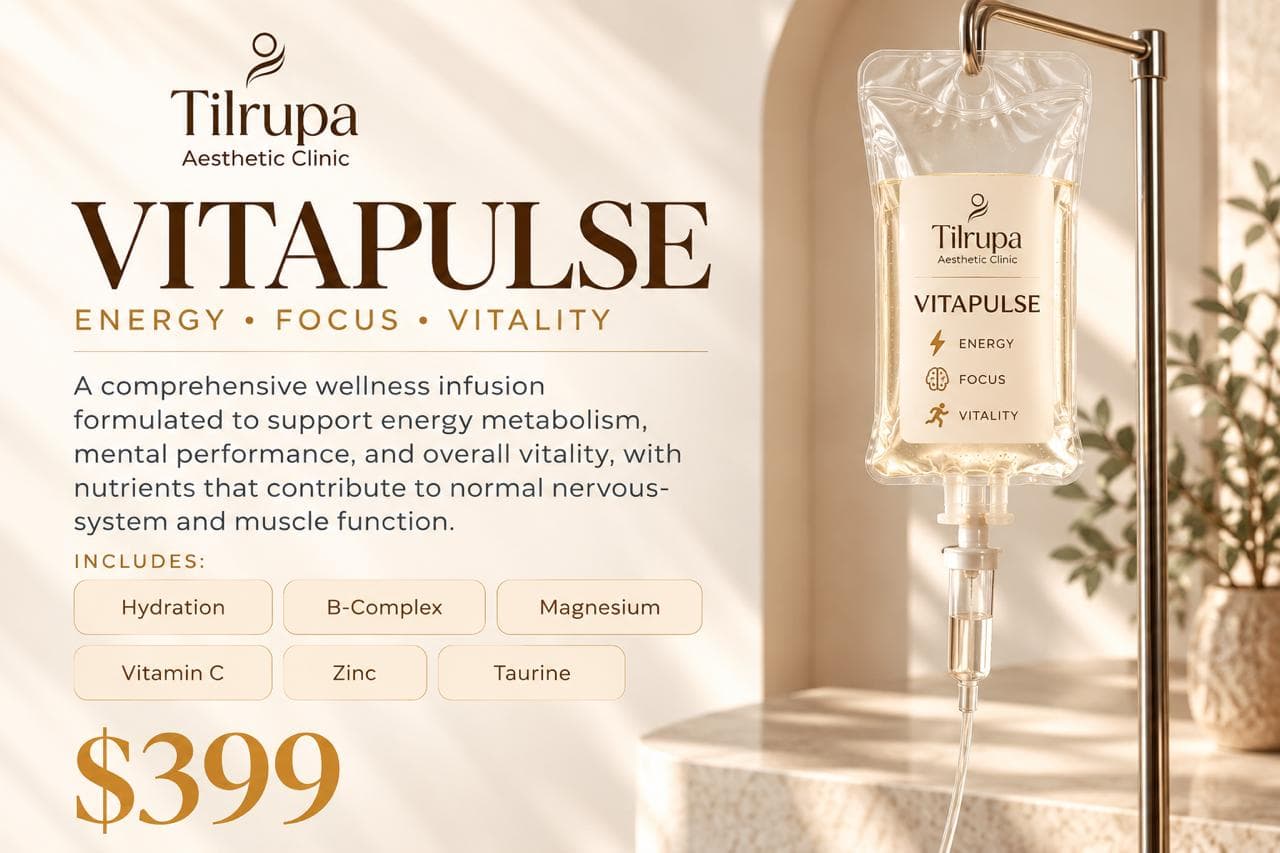 VITAPULSE — energy, focus, vitality. A comprehensive wellness infusion formulated to support energy metabolism, mental performance and overall vitality, with nutrients that contribute to normal nervous-system and muscle function. Includes hydration, B-complex, magnesium, vitamin C, zinc and taurine. $399.